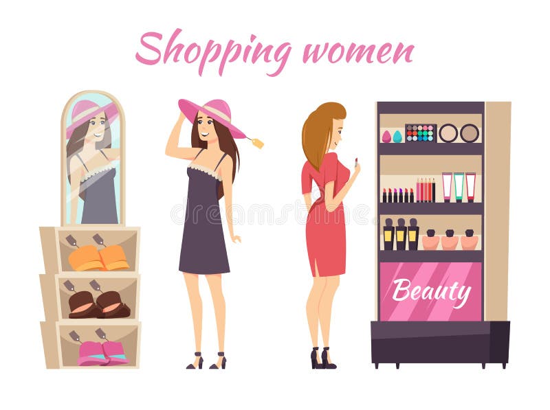 Mujeres que hacen compras que llevan vector de la parada del maquillaje de los sombreros libre illustration