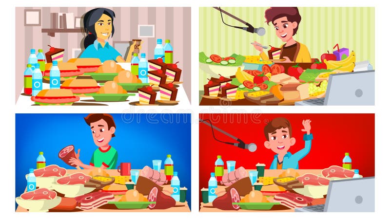 Mukbang som äter showvektorn Flicka grabb Äta show registrering Online-Live Broadcast Asian Social Media Laga mat mycket vektor illustrationer Mukbang som äter showvektorn Flicka grabb Äta show registrering Online-Live Broadcast Asian Social Media Laga mat mycket vektor illustrationer