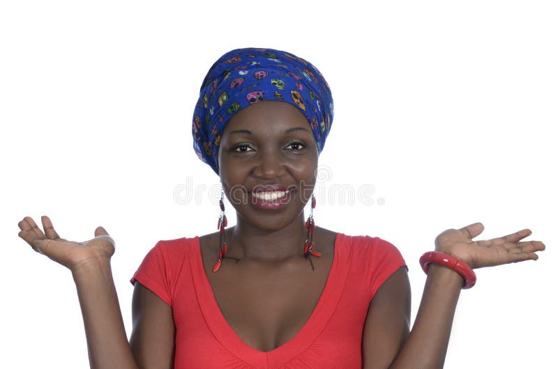 Mulher africana que equilibra com duas mãos, espaço da cópia gratuita imagens de stock Mulher africana que equilibra com duas mãos, espaço da cópia gratuita imagens de stock
