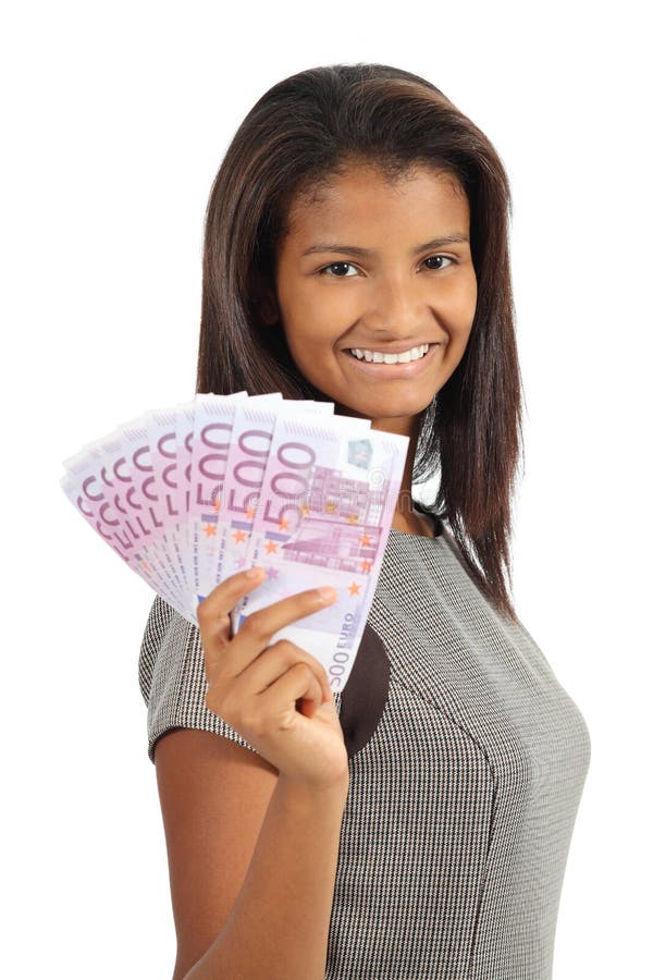 Pretty african american woman holding money isolated on a white background. Pretty african american woman holding money isolated on a white background