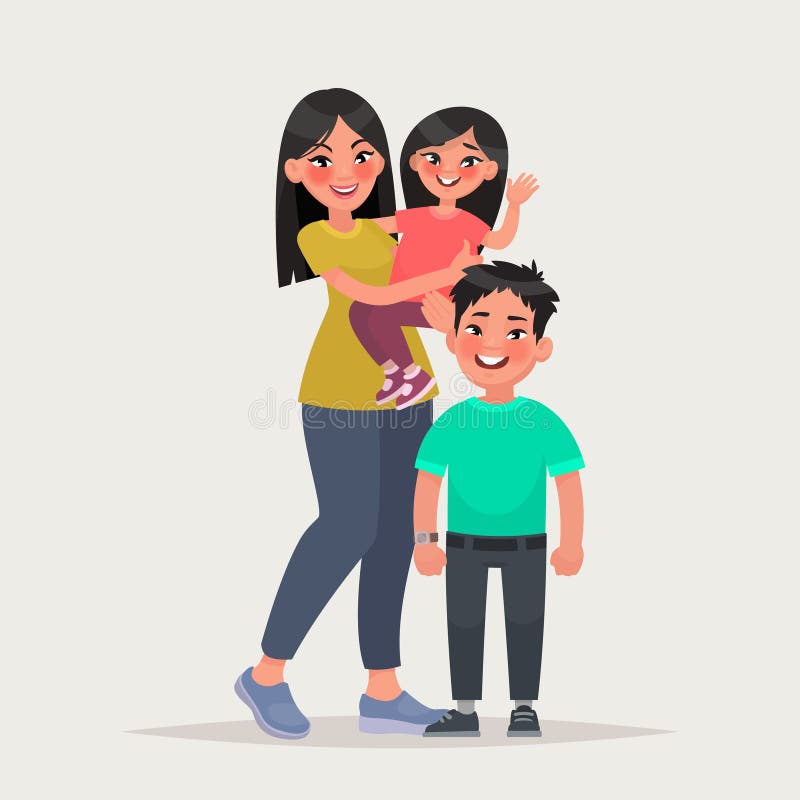 Mulher asiática com crianças Mamã com filha e filho Vector o mal ilustração royalty free Mulher asiática com crianças Mamã com filha e filho Vector o mal ilustração royalty free