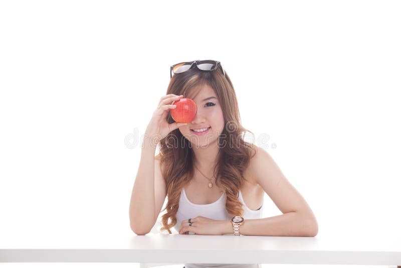 Mulher asiática saudável com frutas imagens de stock