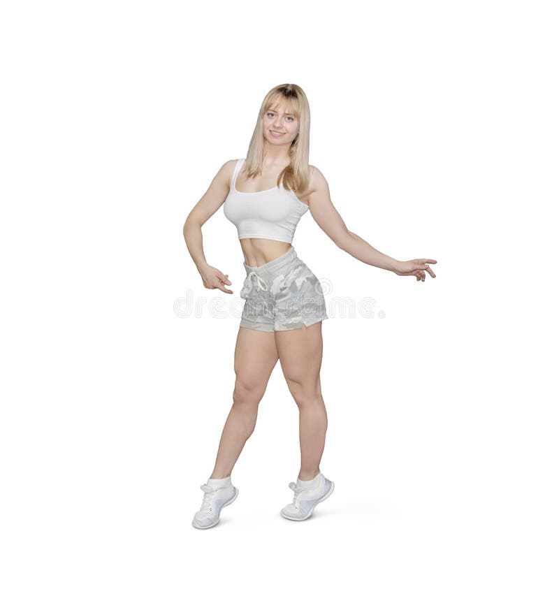 Mulher atlética nova que aponta para o copyspace ou o algo O halterofilista louro está estando em seus dedos do pé na parte diant foto de stock Mulher atlética nova que aponta para o copyspace ou o algo O halterofilista louro está estando em seus dedos do pé na parte diant foto de stock