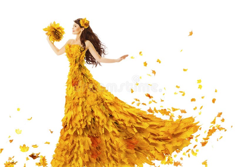 Woman Autumn Fashion Dress of Fall Leaves, Model Girl in Yellow Wedding Bride Gown on White, Creative Beauty. Woman Autumn Fashion Dress of Fall Leaves, Model Girl in Yellow Wedding Bride Gown on White, Creative Beauty