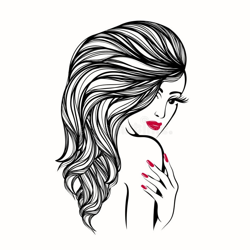 Mulher bonita com longo, cabelo ondulado e composição e tratamento de mãos corajosos, tocando em seu ombro com a mão ilustração stock