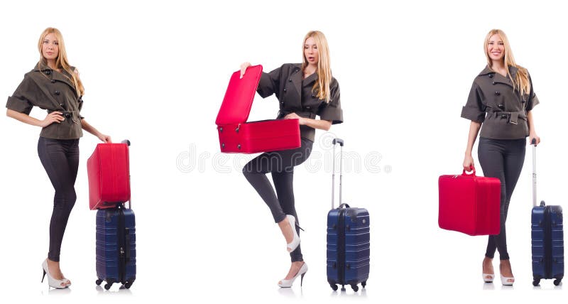 Mulher bonita com a mala de viagem no conceito das f?rias foto de stock Mulher bonita com a mala de viagem no conceito das f?rias foto de stock