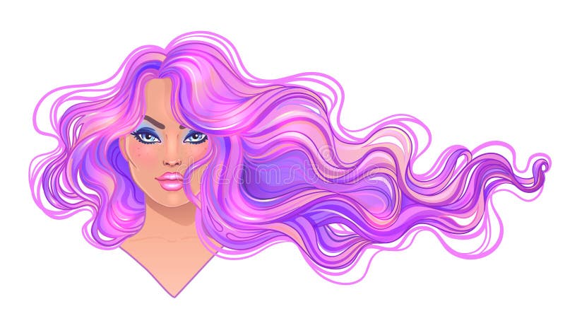 A mulher bonita com roxo ondulado longo tingiu o cabelo que flui no w ilustração do vetor