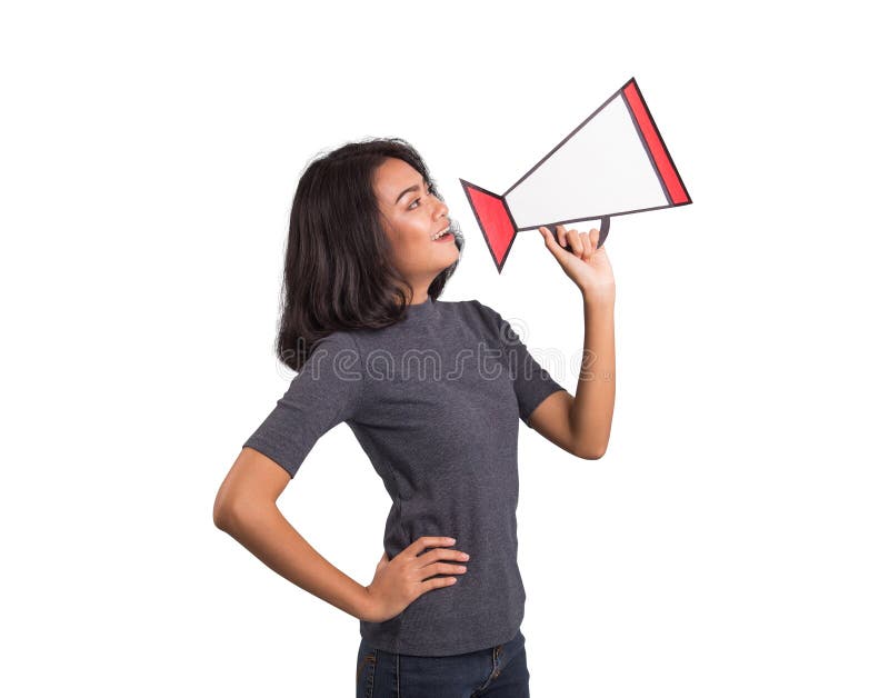 Mulher bonita de Ásia com o megafone no fundo branco imagens de stock royalty free Mulher bonita de Ásia com o megafone no fundo branco imagens de stock royalty free