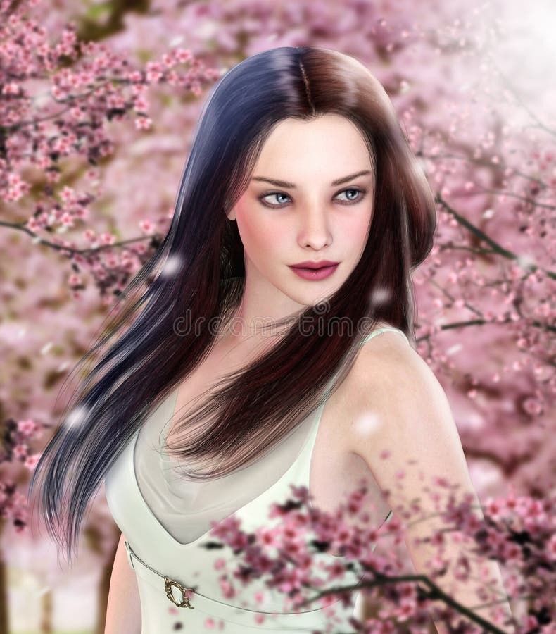 Mulher bonita que anda no pomar de cereja ilustração royalty free Mulher bonita que anda no pomar de cereja ilustração royalty free