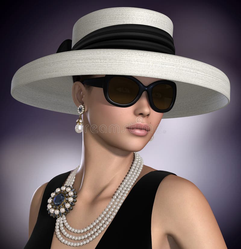 Amazing 3D render of a beautiful woman wearing a retro style classic glamour fashion outfit and jewelry. Amazing 3D render of a beautiful woman wearing a retro style classic glamour fashion outfit and jewelry.