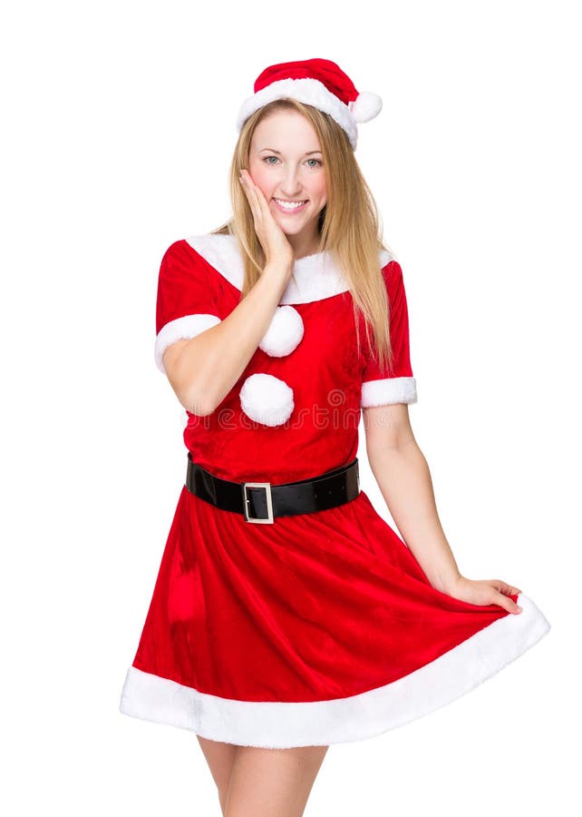 Mulher caucasiano com vestido do Natal imagem de stock Mulher caucasiano com vestido do Natal imagem de stock