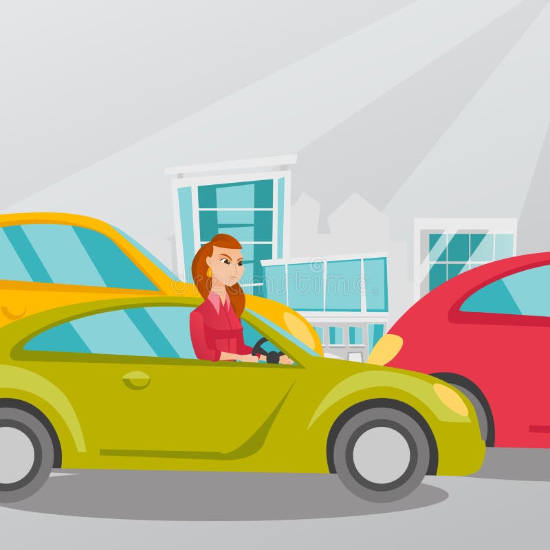 A mulher caucasiano irritada no carro colou no engarrafamento ilustração do vetor A mulher caucasiano irritada no carro colou no engarrafamento ilustração do vetor