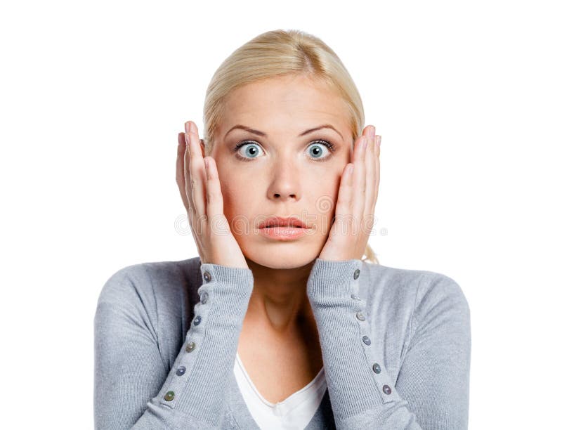 Mulher chocada coloca as mãos na cabeça fotos de stock royalty free