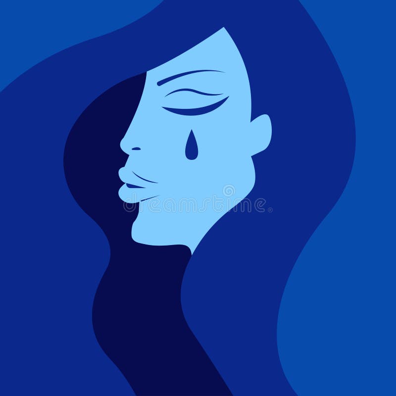 Rosto de mulher de perfil com lágrimas nos olhos, retrato de quadrinhos de  menina chorando