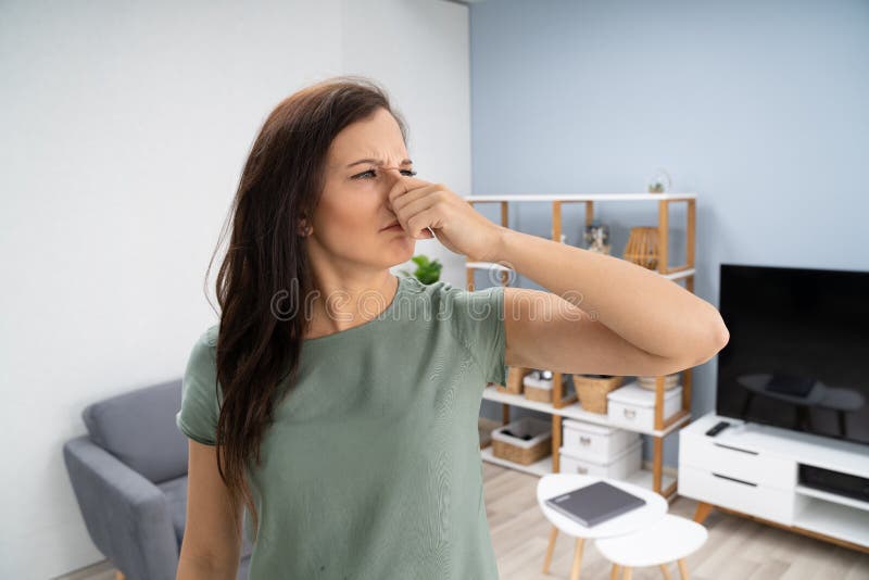 Mulher cobrindo seu nariz de mau cheiro