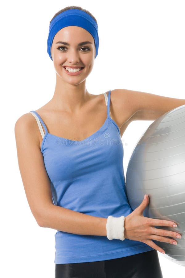 Mulher com a aptidão-esfera, isolada imagem de stock Mulher com a aptidão-esfera, isolada imagem de stock