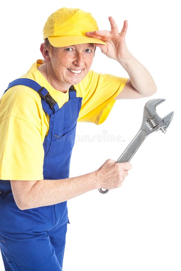Mulher com chave inglesa fotografia de stock royalty free