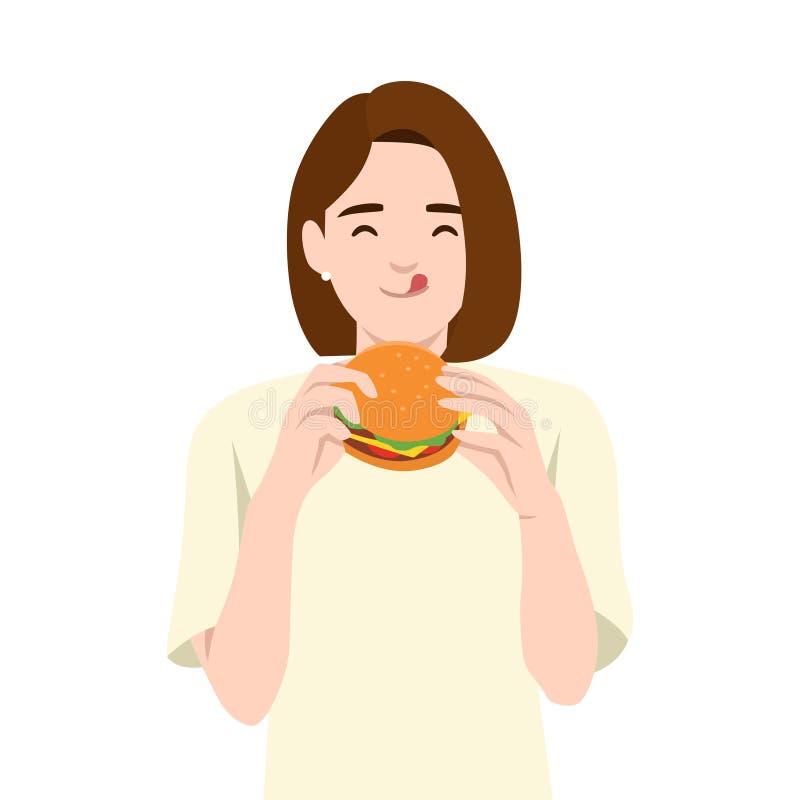 Mulher com expressão de conteúdo tem um hambúrguer delicioso pronto para dar uma mordida ilustração royalty free
