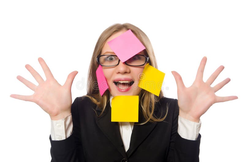 A mulher com lembretes isolada no branco imagem de stock A mulher com lembretes isolada no branco imagem de stock