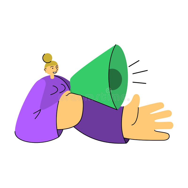 Mulher com mãos grandes que fala em um megafone Ilustra??o do estilo liso ilustração stock Mulher com mãos grandes que fala em um megafone Ilustra??o do estilo liso ilustração stock