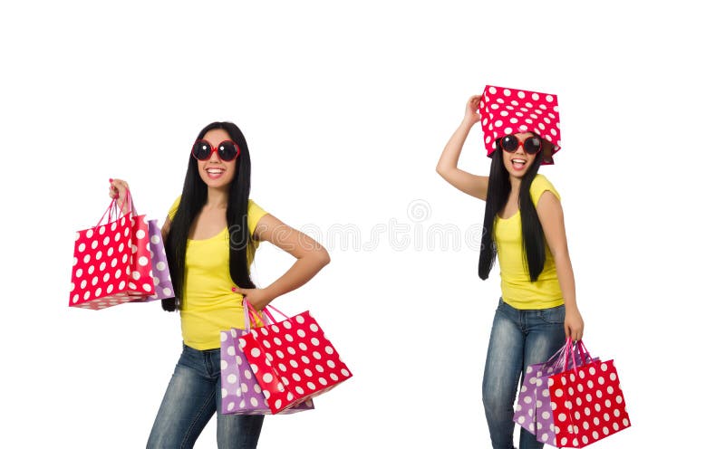 Mulher com os sacos de compras isolados no branco fotografia de stock Mulher com os sacos de compras isolados no branco fotografia de stock