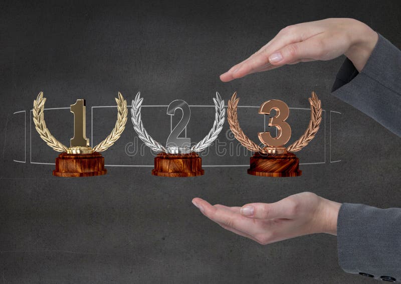 Digital composite of Woman with trophies on hands. Digital composite of Woman with trophies on hands