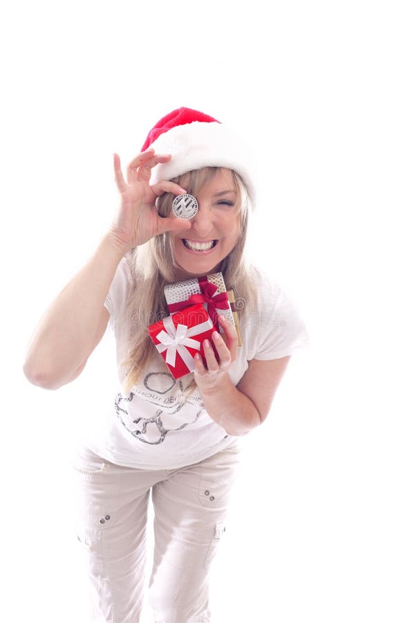 Mulher com um cryptocurrency de Litecoin e os presentes guardar foto de stock royalty free