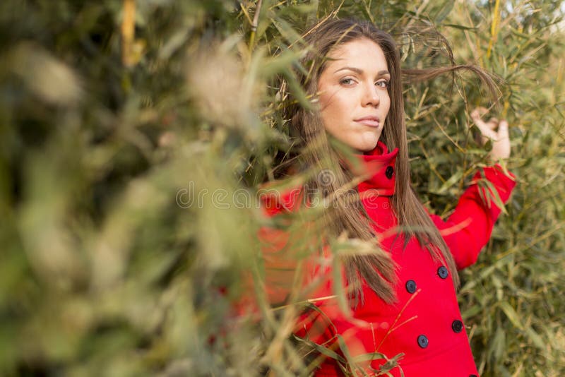 Mulher consideravelmente nova no revestimento vermelho imagem de stock Mulher consideravelmente nova no revestimento vermelho imagem de stock