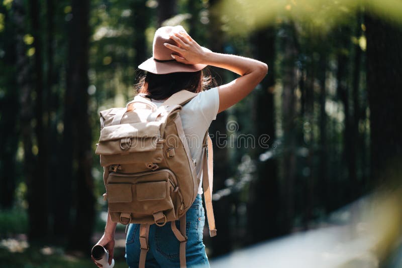 Mulher considerável do viajante com a trouxa e o chapéu que estão na menina nova do moderno da floresta que anda entre árvores no