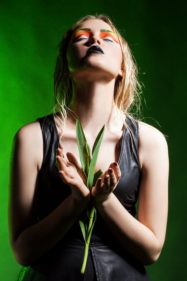 Mulher da beleza com flores do grupo Composição profissional foto de stock Mulher da beleza com flores do grupo Composição profissional foto de stock