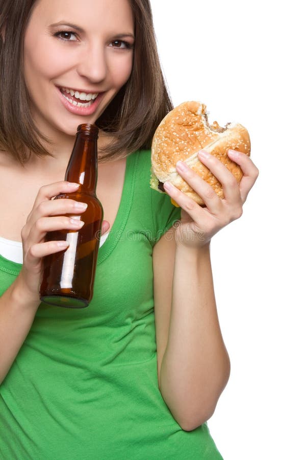 Mulher da cerveja do hamburguer fotografia de stock Mulher da cerveja do hamburguer fotografia de stock