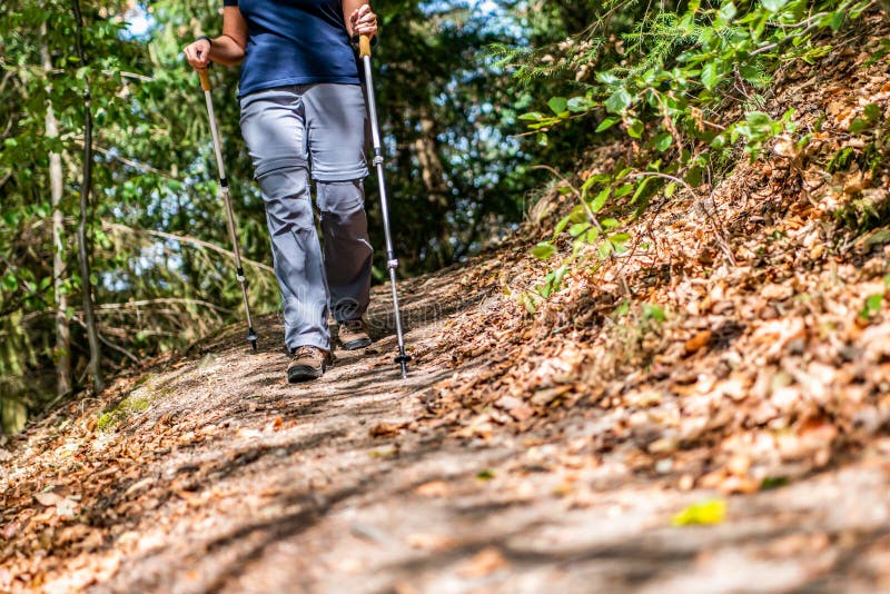 Mulher da moça que caminha schoes e opinião do detalhe das varas na atividade exterior da floresta na natureza fotografia de stock Mulher da moça que caminha schoes e opinião do detalhe das varas na atividade exterior da floresta na natureza fotografia de stock