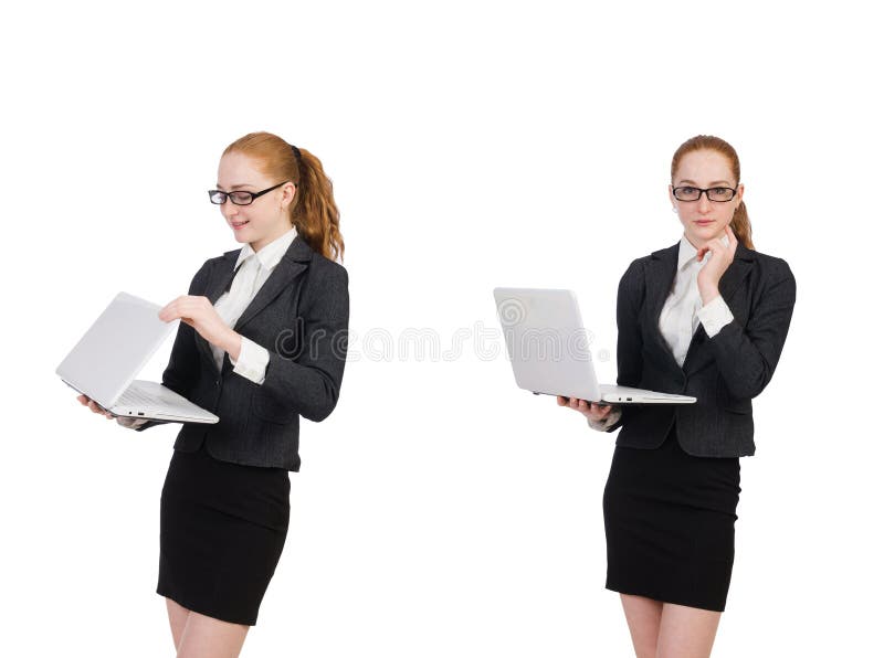 A mulher de neg?cios com o port?til isolado no branco fotos de stock A mulher de neg?cios com o port?til isolado no branco fotos de stock