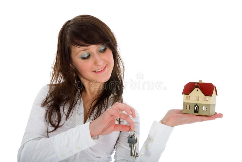 Empresária anuncia imóveis imagens de stock