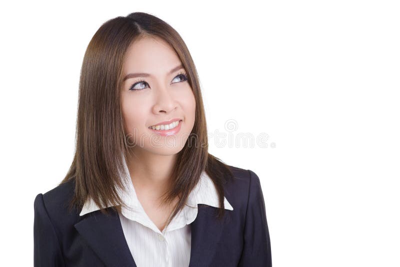 Business woman Attractive think view in suit isolated. Business woman Attractive think view in suit isolated