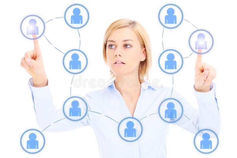 Young businesswoman and social network over white background. Young businesswoman and social network over white background