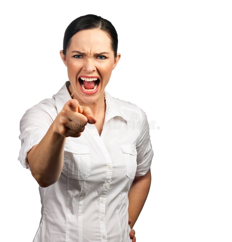 Mulher de negócio irritada que aponta seu dedo