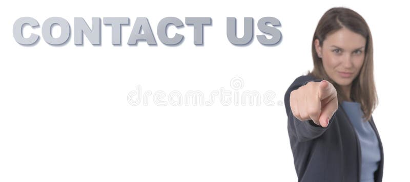 Mulher de negócio que aponta o CONTATO E.U. do texto imagem de stock Mulher de negócio que aponta o CONTATO E.U. do texto imagem de stock