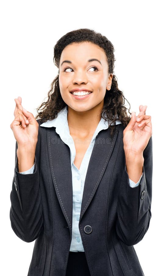 Mulher de negócios afro-americano que deseja o fundo branco isolado imagem de stock Mulher de negócios afro-americano que deseja o fundo branco isolado imagem de stock