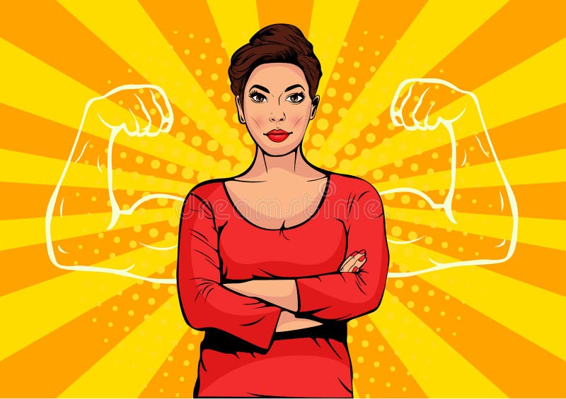 Mulher de negócios com estilo retro do pop art dos músculos Homem de negócios forte no estilo cômico ilustração stock Mulher de negócios com estilo retro do pop art dos músculos Homem de negócios forte no estilo cômico ilustração stock