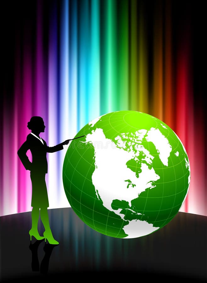 Mulher de negócios com o globo no fundo abstrato do espectro ilustração do vetor Mulher de negócios com o globo no fundo abstrato do espectro ilustração do vetor