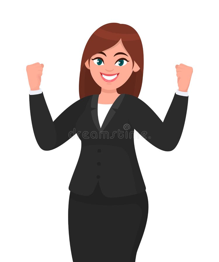 A mulher de negócios feliz que mostra ou que aumenta seus punhos que expressam o sucesso gesticula Emoção do ` s da mulher de neg ilustração royalty free A mulher de negócios feliz que mostra ou que aumenta seus punhos que expressam o sucesso gesticula Emoção do ` s da mulher de neg ilustração royalty free