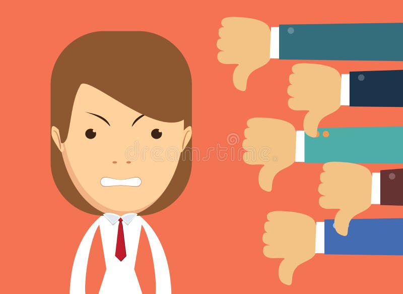 Mulher de negócios irritada e muitas mãos com polegares para baixo Desagrados e conceito da reação negativa ilustração royalty free Mulher de negócios irritada e muitas mãos com polegares para baixo Desagrados e conceito da reação negativa ilustração royalty free