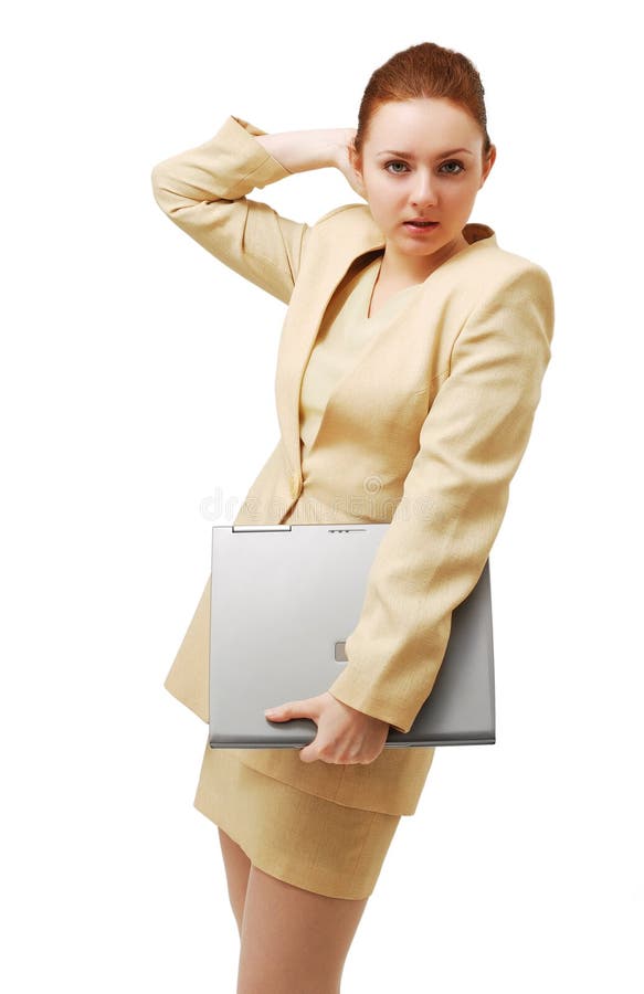 Mulher de negócios nova com PC do caderno. imagem de stock royalty free Mulher de negócios nova com PC do caderno. imagem de stock royalty free