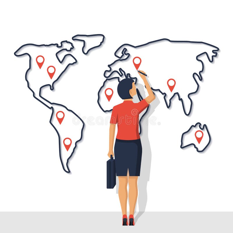 Mulher de negócios que está pela parede com mapa grande ilustração stock Mulher de negócios que está pela parede com mapa grande ilustração stock