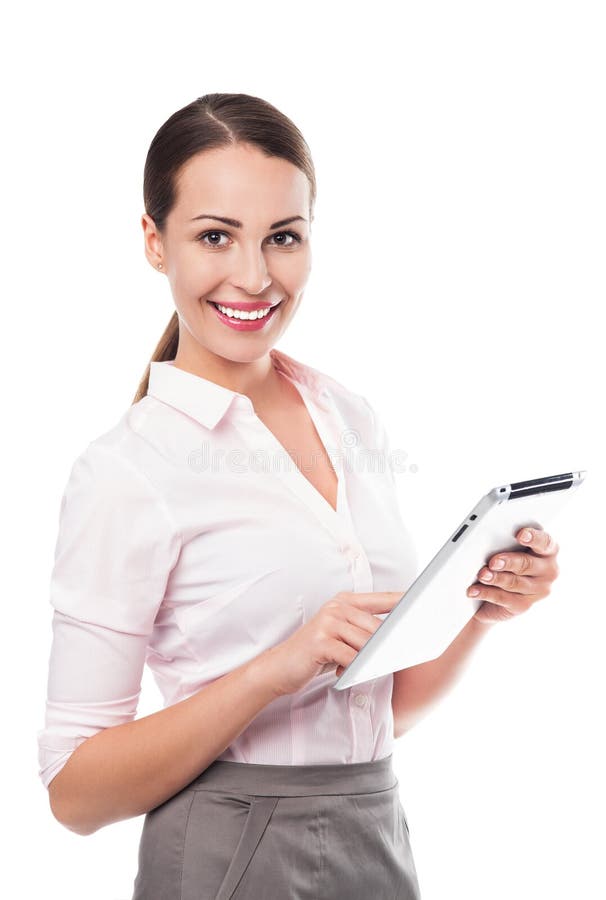 Mulher de negócios que guarda a tabuleta digital foto de stock Mulher de negócios que guarda a tabuleta digital foto de stock