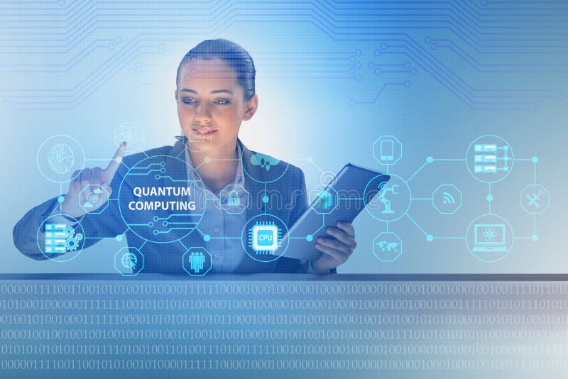 A mulher de negócios que pressiona o botão virtual no conceito da computação de quantum ilustração royalty free A mulher de negócios que pressiona o botão virtual no conceito da computação de quantum ilustração royalty free
