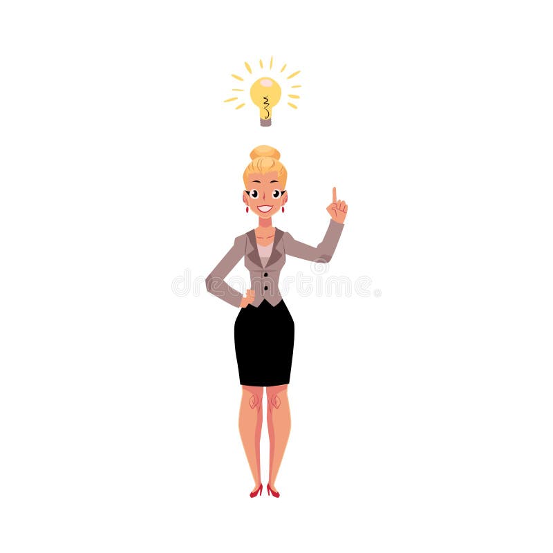 Mulher de negócios que tem a ideia, ampola como o símbolo da introspecção do negócio ilustração do vetor Mulher de negócios que tem a ideia, ampola como o símbolo da introspecção do negócio ilustração do vetor