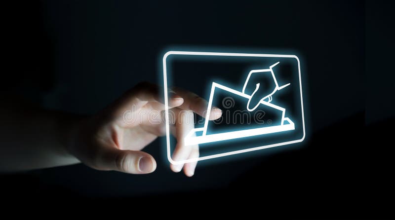 Mulher de negócios que vota usando a rendição da relação digital 3D ilustração royalty free Mulher de negócios que vota usando a rendição da relação digital 3D ilustração royalty free