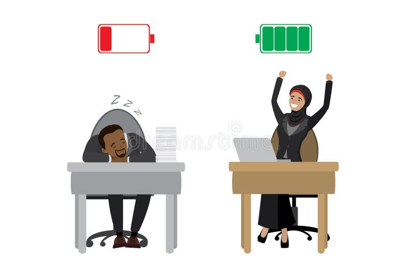 Mulher de negócios árabe feliz forte e homem de negócios afro-americano cansado, bateria descarregada carregada e vermelha verde, ilustração royalty free Mulher de negócios árabe feliz forte e homem de negócios afro-americano cansado, bateria descarregada carregada e vermelha verde, ilustração royalty free